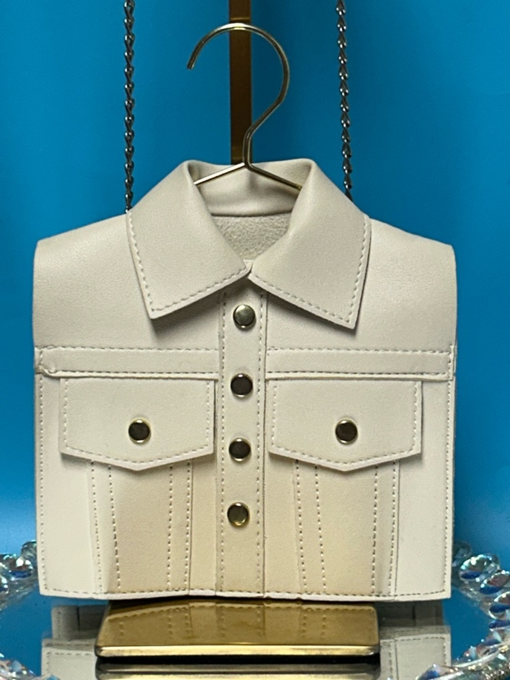 Cream Jacket-Shaped Crossbody Purse with Gold Studs Approx. 7.5 x 6.5
